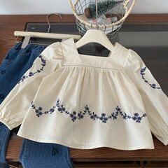 韓国風刺繍シャツ長袖2025春新作ガールズスクエアカラードールシャツトップス万能ルーズジーンズ