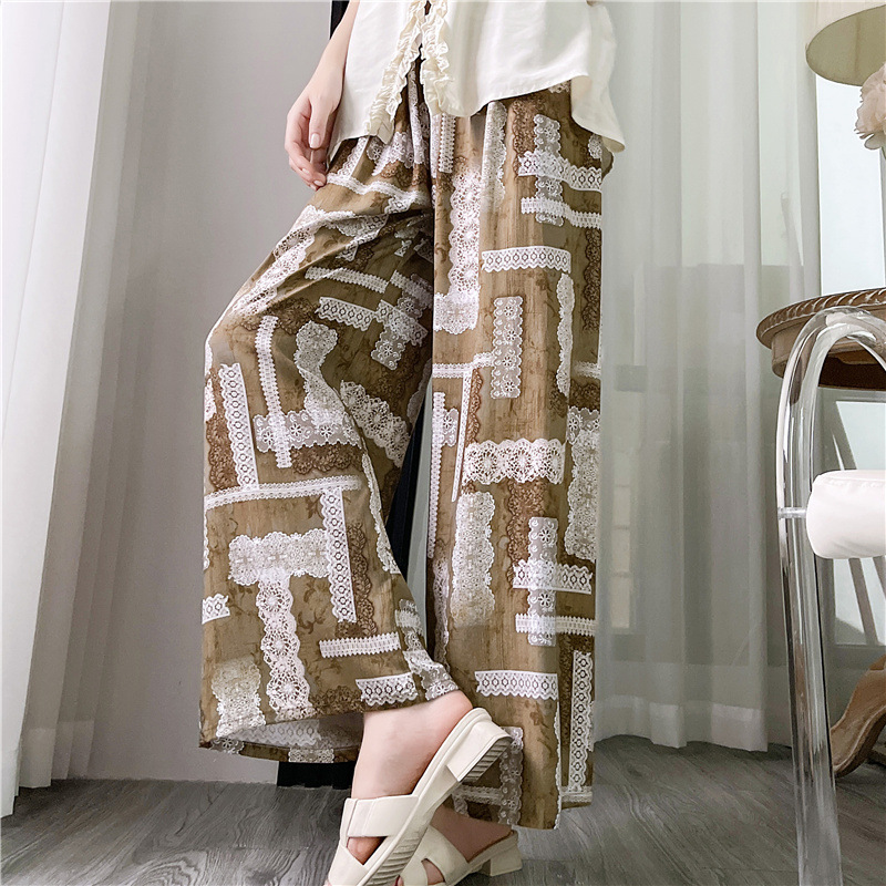 Pantalones de pijama de seda de algodón para mujer Pantalones de pierna ancha casuales impresos de dibujos animados delgados de verano las mujeres embarazadas pueden usar pantalones de comercio exterior pantalones de una sola capa