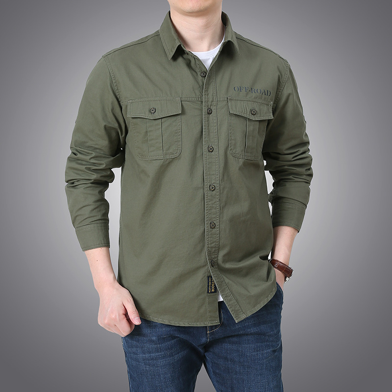 2024 primavera y otoño camisa de mangas largas hombre casual multi-bolsillo suelto camisa de negocios de mediana edad camisa de algodón chaqueta de trabajo