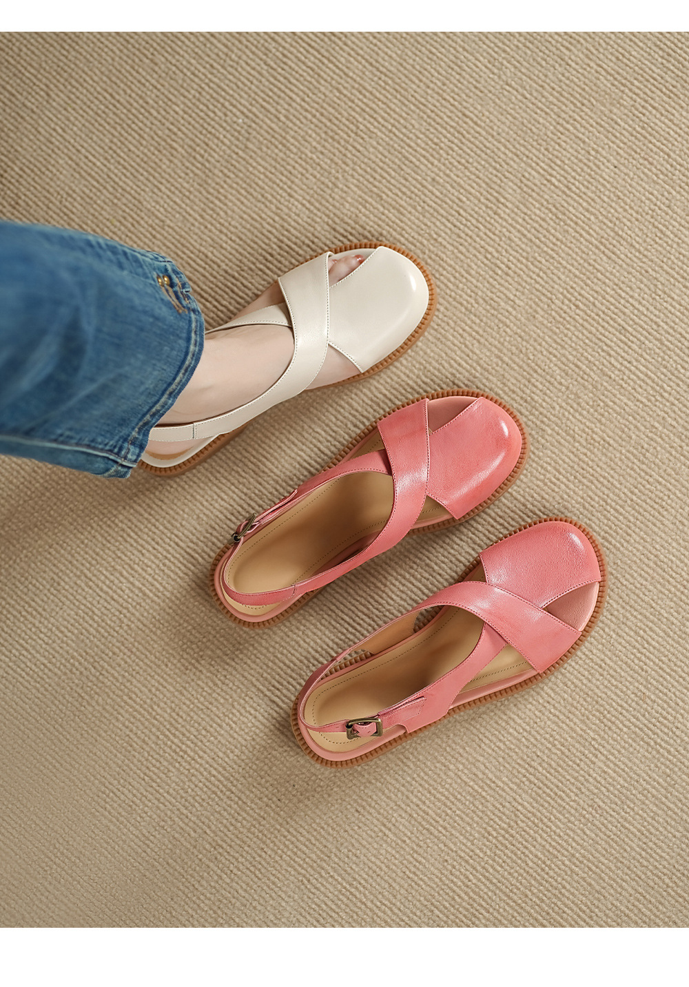 Dép sandal nữ quai chữ V đơn giản da bò mềm đế bệt — màu hồng chi tiết 1
