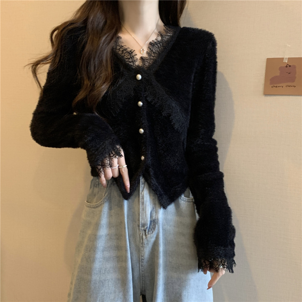 黑色V领水貂绒毛衣外套女春装大码胖mm针织开衫显瘦蕾丝开叉上衣