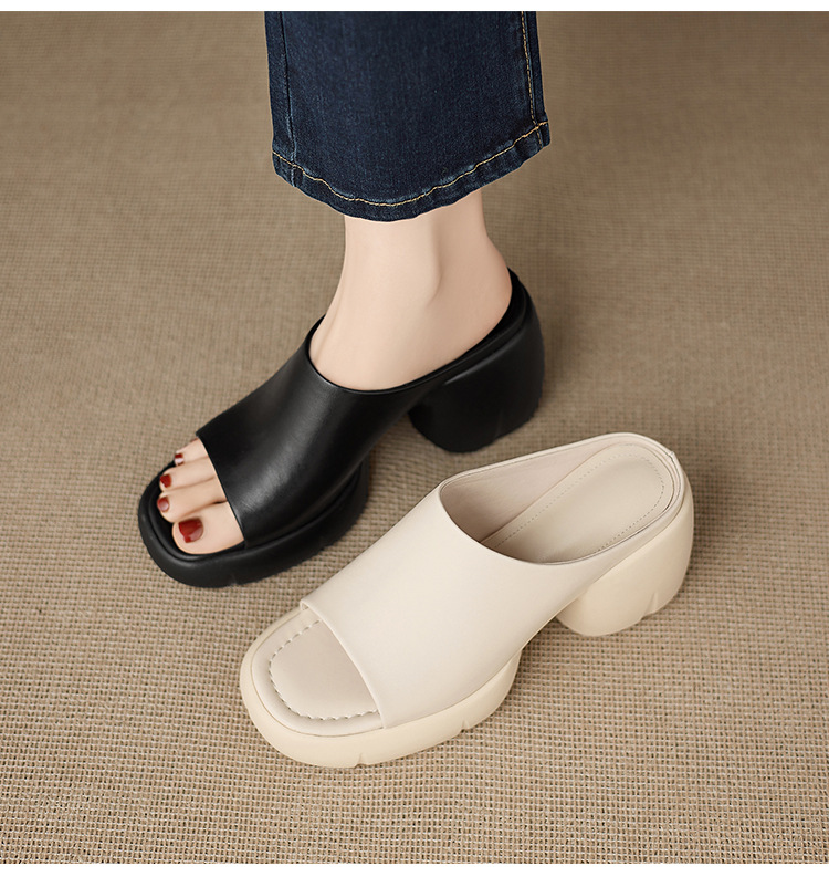 Sandal cao gót nữ hở mũi quai ngang da thật gót vuông 9 cm — màu đen, màu trắng ngà chi tiết 12