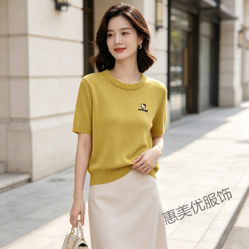 2026 Summer Korean Version New Versatile Embroidered Kate Cat Style Solid Color Knit Slimming Short Sleeve Top for Women 2026 Summer Korean Version New Versatile Embroidered Kate Cat Style Solid Color Knit Slimming Short Sleeve Top for Women