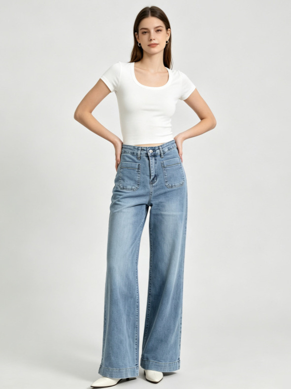 Jeans de Mujer de Tiro Alto y Pierna Ancha de Denim Elástico, Alta Elasticidad, para Estilo Casual image 3