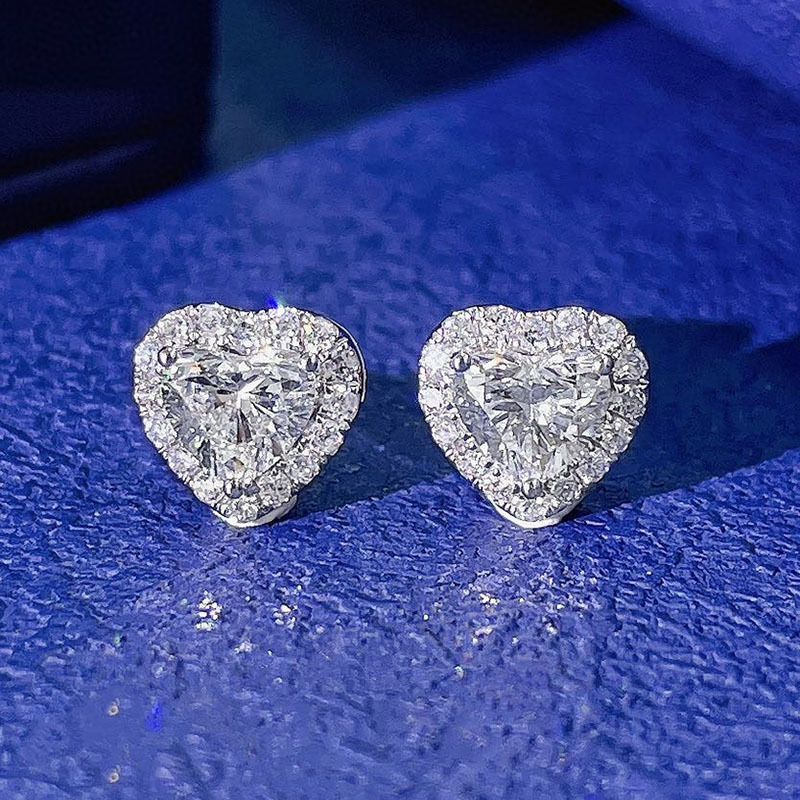 Lab-grown diamond stud earrings, 18K white gold, heart-shaped, sparkling diamond earrings for women, factory direct sales.