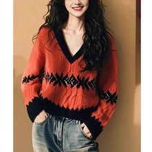 慵懒高级感V领拼色软糯针织衫毛衣女2025秋冬新款提花宽松上衣潮
