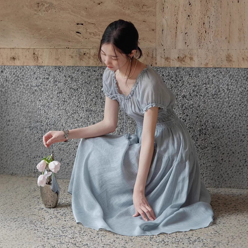 2026 Women's Summer Dress with a High-End French Style, Made of Ramie and Tencel, with Gathered Waist and Long Skirt, Suitable for the Beach, Model C0623