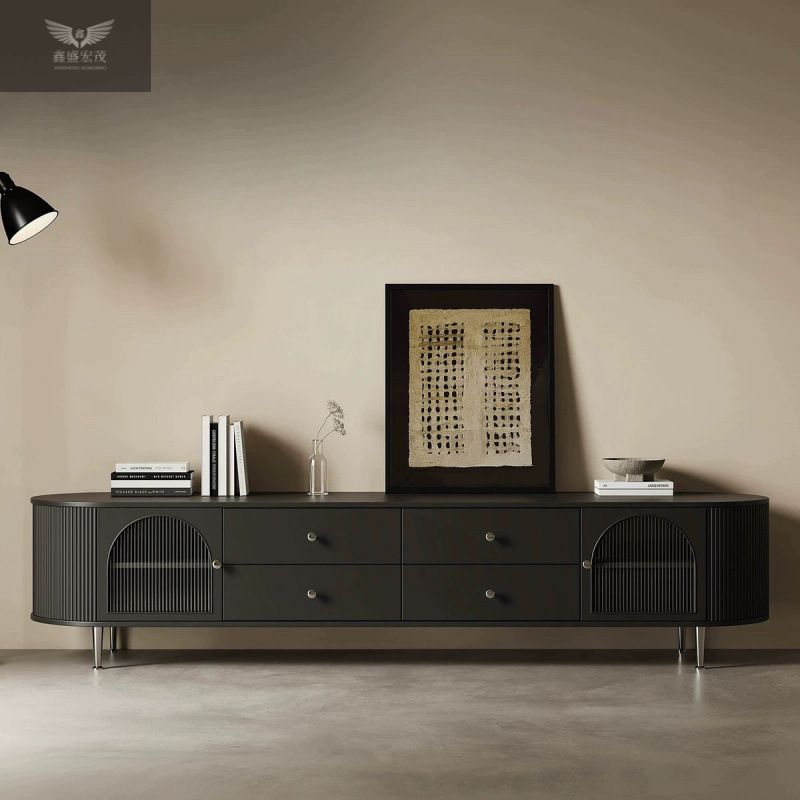 Mueble de TV de madera maciza estilo francés de mediados de siglo, mueble de TV moderno minimalista de lujo ligero en color negro para sala de estar, mueble de TV estilo crema, nuevo modelo de mueble de suelo.