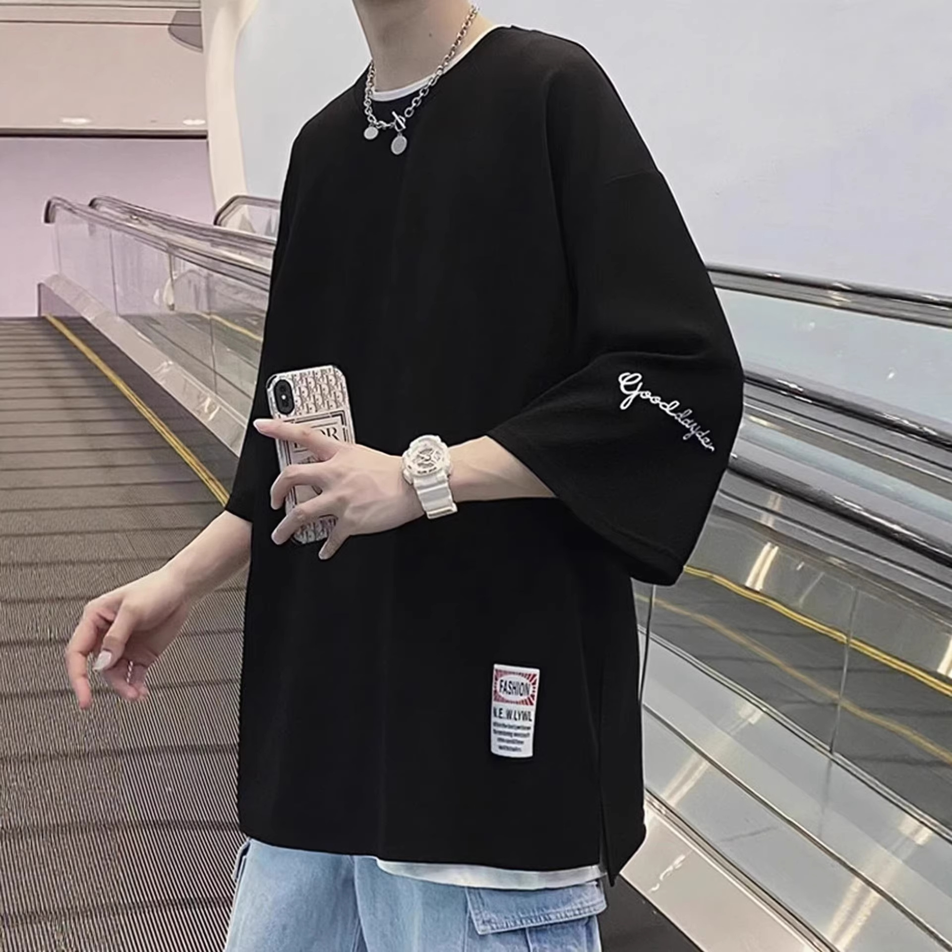 Camiseta americana de alta calle de hielo de manga de siete camisetas de tendencia de manga corta para hombres de verano estudiantes de tamaño grande suelto ropa casual superior image 1