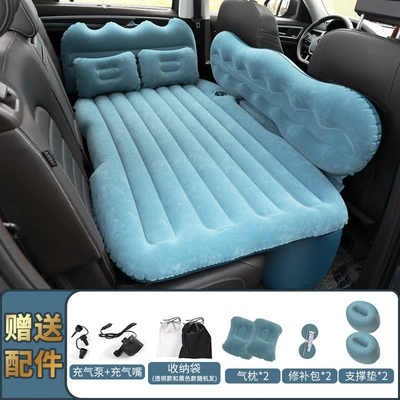 in the back seat of a car — Vehicle-mounted inflatable bed - default-item-thickened-mountain-peak-side-panel-model-flocked-dark-green-double-storage-ottomans-electric-pump
