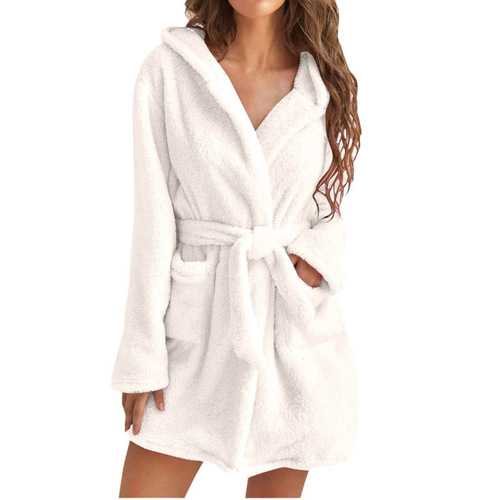 2025 Amazon Best Seller Cross-border Europe and America Foreign Trade Autumn and Winter Hooded Home Fleece Pajamas Pure Color Warm Bathrobe Women 