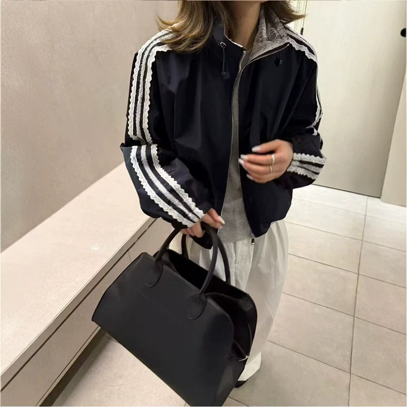 Korean-style lace patchwork stand-up collar short jacket for women, early spring 2026, loose, casual, versatile, slimming, trendy top Korean-style lace patchwork stand-up collar short jacket for women, early spring 2026, loose, casual, versatile, slimming, trendy top