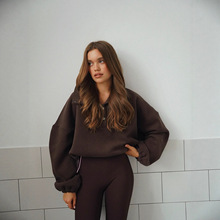 欧美跨境外贸2025秋冬新款简约纯色有限百搭宽松落肩袖polo领卫衣