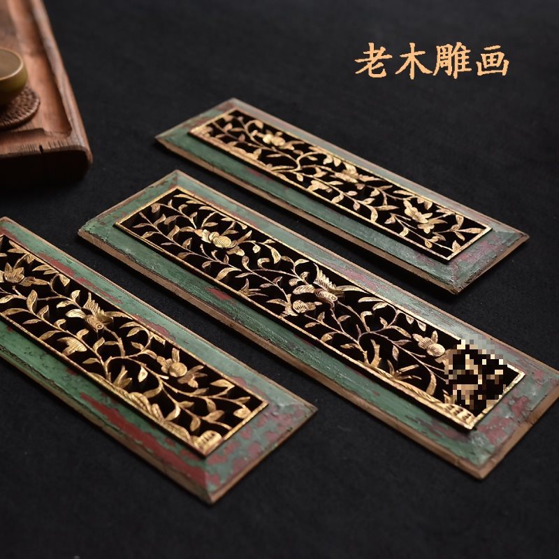 实木雕花老木板明清复古手工花板摆件古典民俗壁挂麒麟装饰花格窗