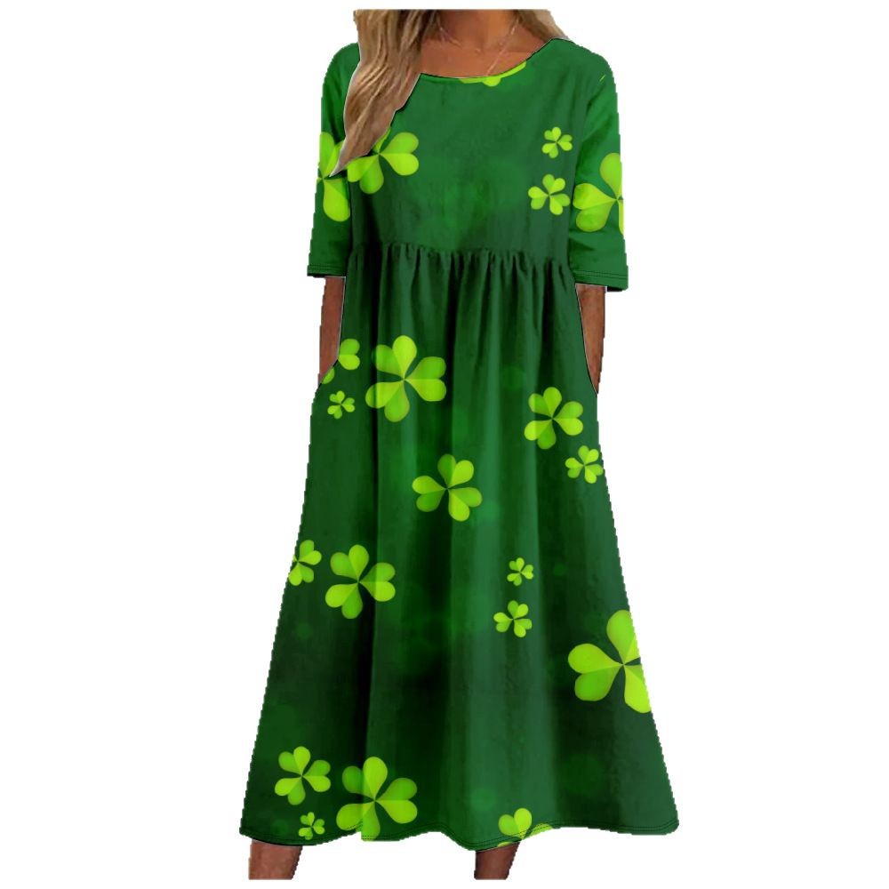 Summer Mid-Waist Women's Casual St. Patrick Flared Dress_ecoleips.com