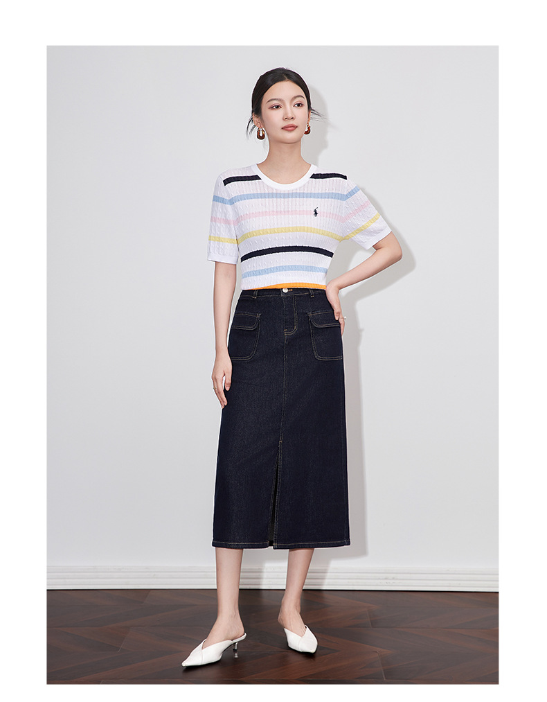 Chân váy denim cạp cao phong cách Hồng Kông cổ điển, dáng ôm xẻ tà dài giữa — Màu xanh đậm chi tiết 7