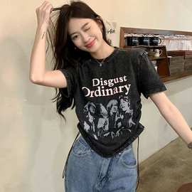 外贸跨境欧美特姆亚马逊美式复古T恤女夏季小众设计感做旧印花