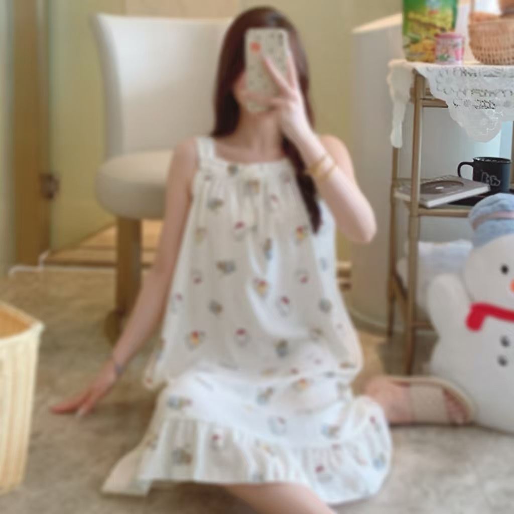 Pajamas de cabina de verano de dibujos animados nubes de algodón sueltas de hombro largo ocio transfronterizo en vivo vestido fresco