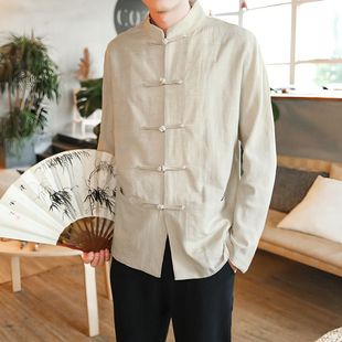Spring Traditional Cotton and Linen Long-sleeved White Shirt Chinese Cloth Buckle Tang Suit Tea Clothing Linen Retro Young Men's Juniors Clothing