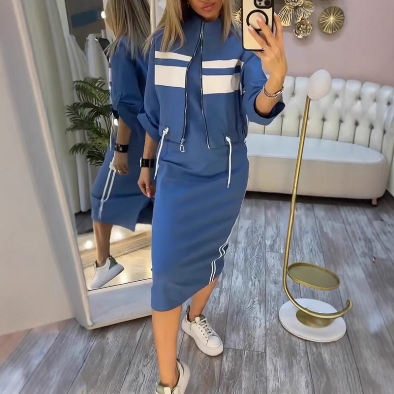 2025 Autumn European and American Cross-Border Independent Station Casual Zipper White Stripe Jacket Jacket Dress Women's Suit Green