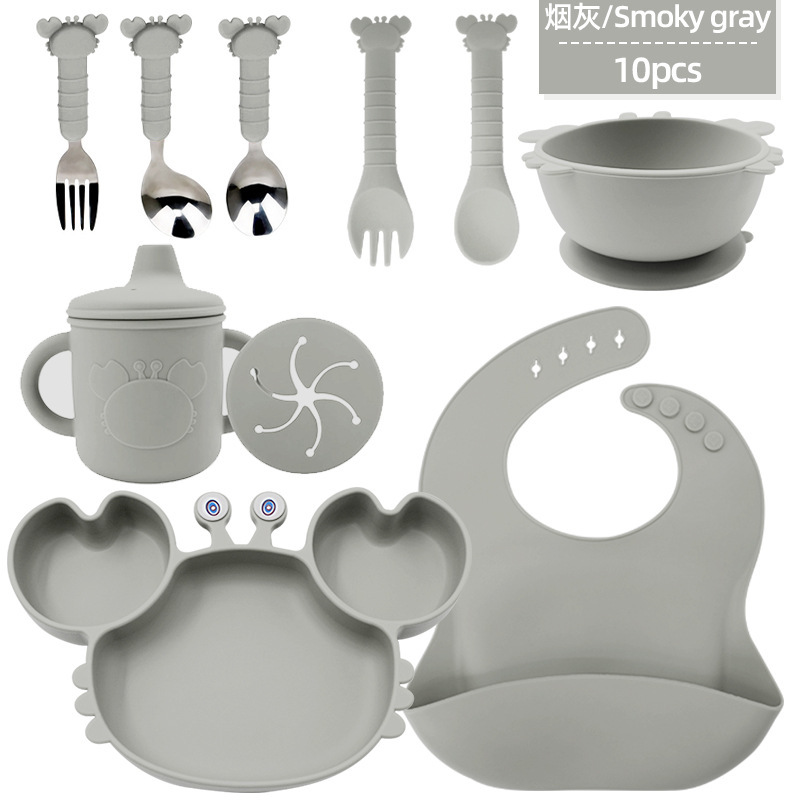 Bebé de grado alimenticio silicona cubierta set cangrejo plato set diez piezas bebés silicona anti-caída resistente al calor ventosa cucharas