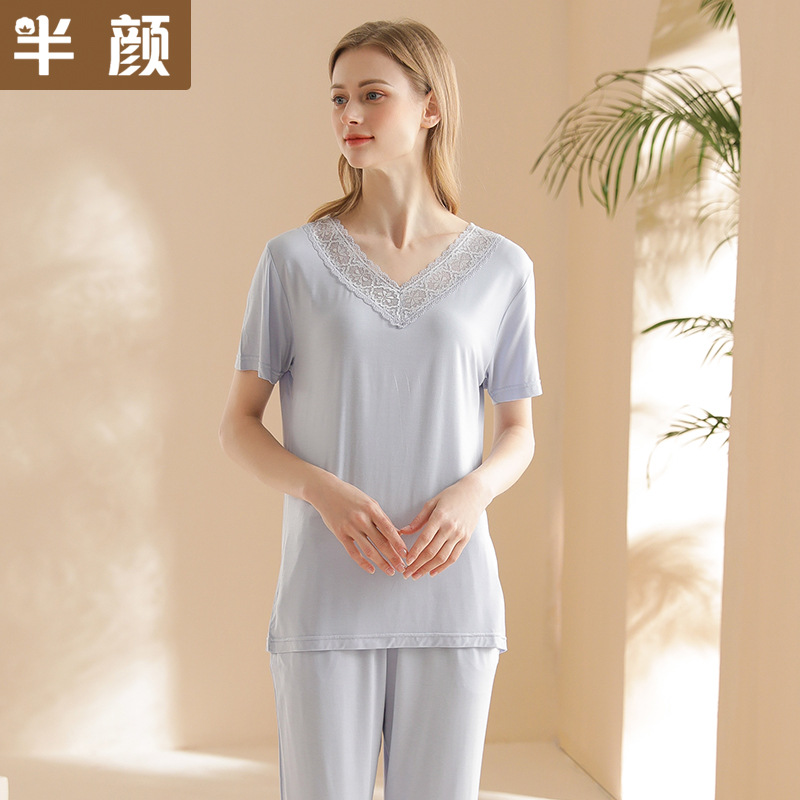 Summer elegant knitted lace long solid color pijama