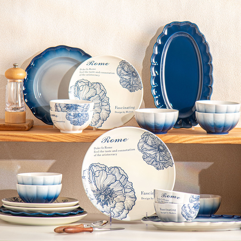 Pie a Blue Roman Duke Dishes Tableware suit Household Dishes and Dish Chopsticks Simple High-end Retro Tableware