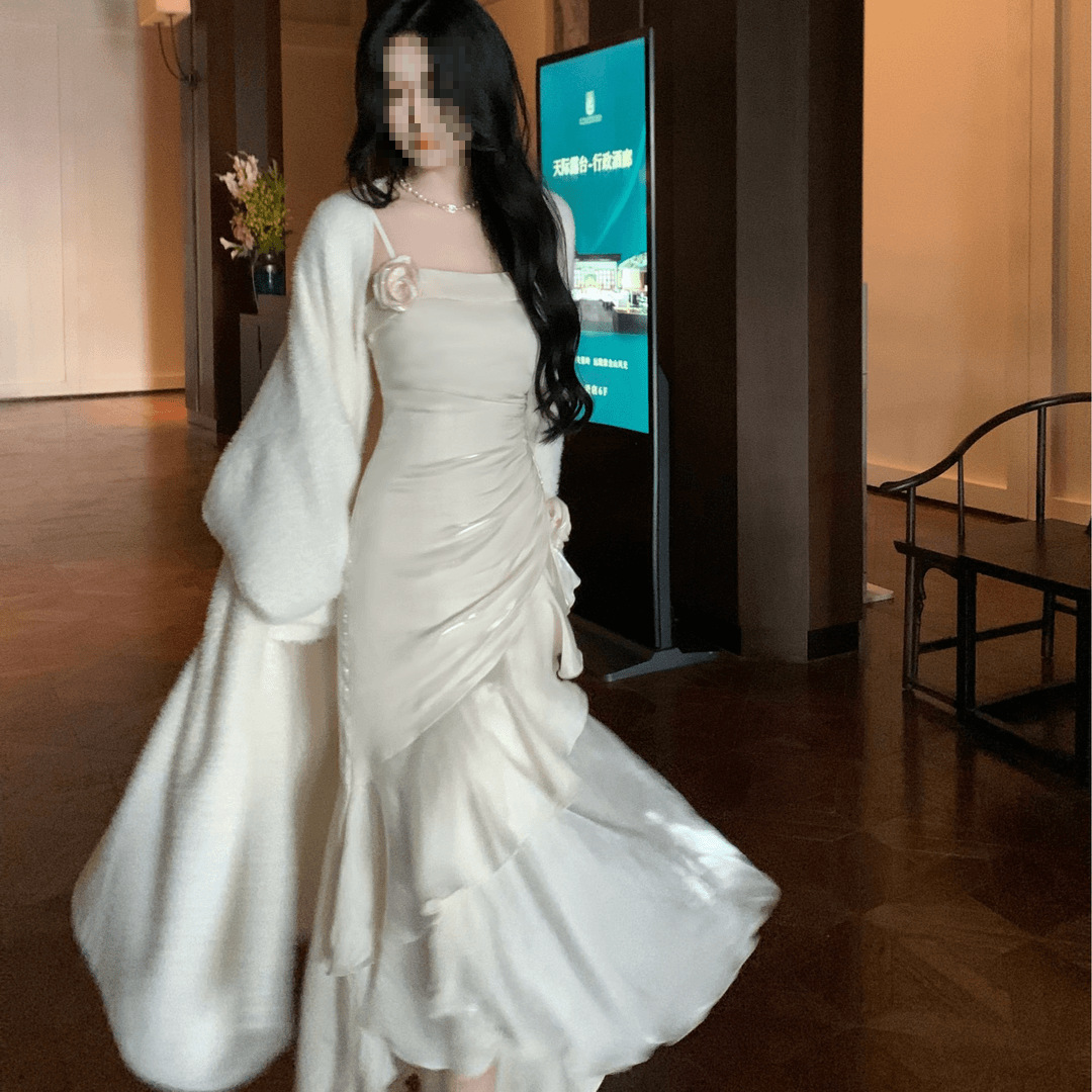 Dreamy Evening Irregular Hem Mermaid Waist-Cinching Robe Dress with Strap Skirt Elegant Long Cardigan Set