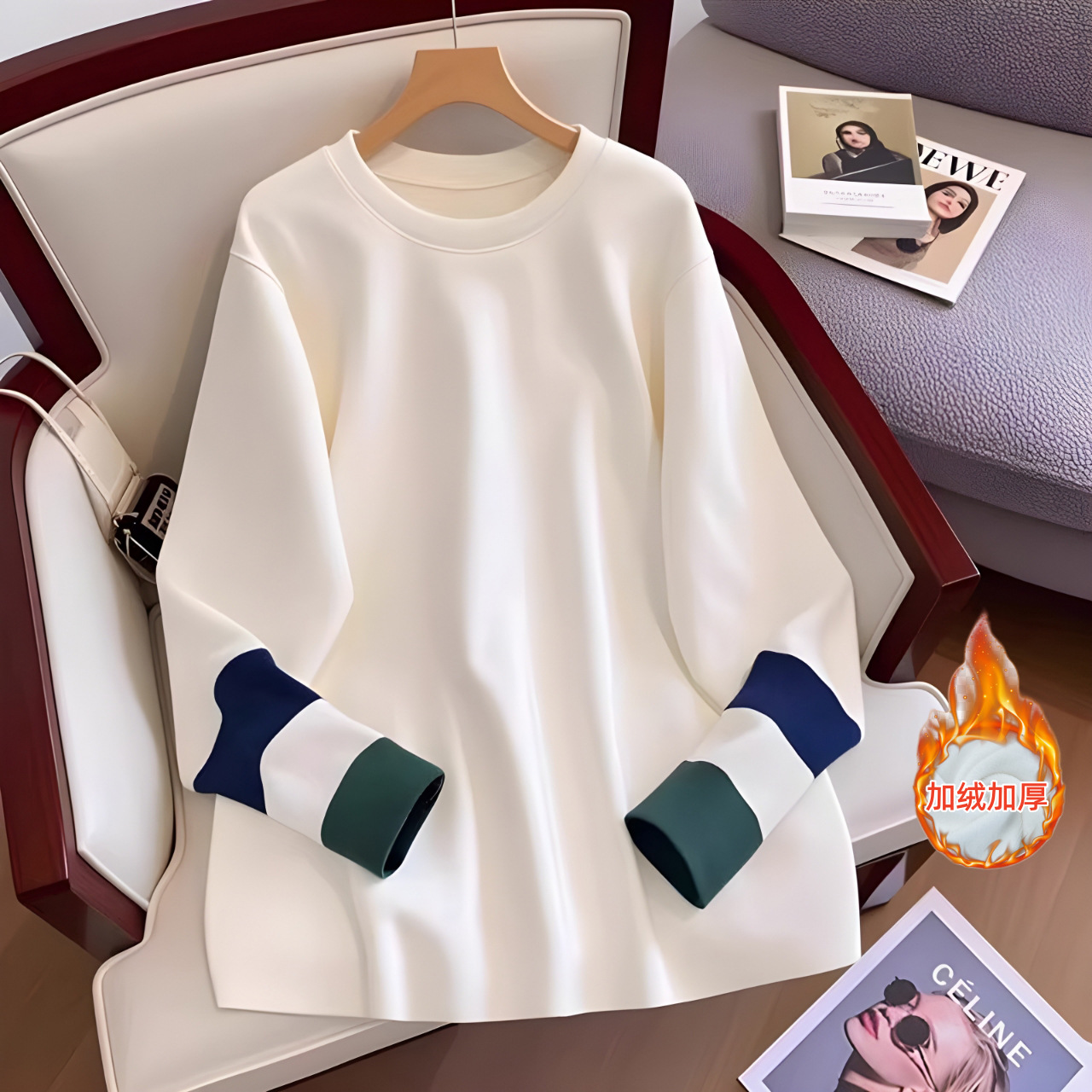 White Mid-Length Spliced ​​Cuffs 2025 New Autumn and Winter Bottoming Shirt for Women Fleece-Lined Long-Sleeved Cotton T-Shirt Loose Sweatshirt