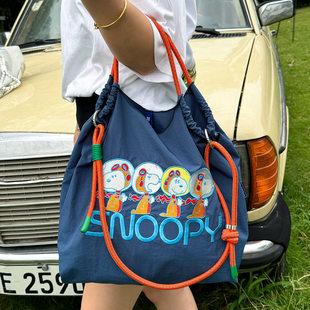 Japanese cartoon nylon fashionable universal shopping bag, one-shoulder bag, print, with embroidery