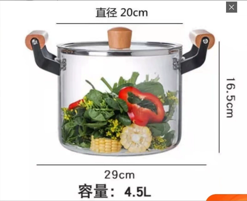 Скважная borosilicate стеклянная кастрюля с двойными деревянными ручками - 2.5–5.5 л сотейник, прозрачный суповая