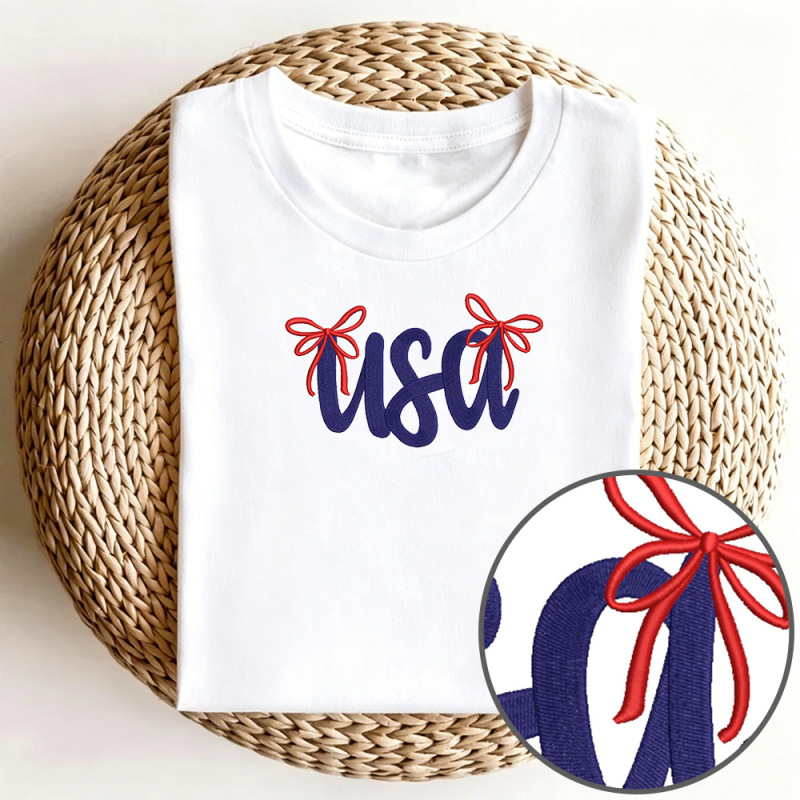 Cross-Border Amazon Etsy Embroidered T-Shirt with Usa Lettering and Bow, Simple Embroidered T-Shirt, Independence Day Custom Boutique Item Cross-Border Amazon Etsy Embroidered T-Shirt with Usa Lettering and Bow, Simple Embroidered T-Shirt, Independence Day Custom Boutique Item
