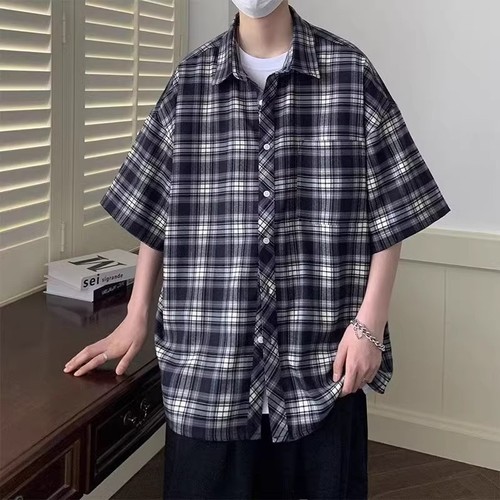 Men's Summer Grid Short-Sleeve Shirt, Retro Loose Casual Five-Sleeve Blouse, American High Street Trend Brand Jacket