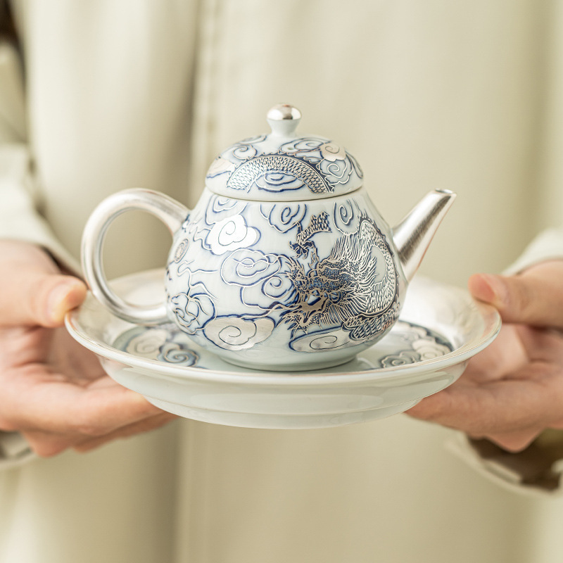 龙腾四海美人尖茶壶单壶999鎏银轻奢家用泡茶壶高档茶具功夫小壶|undefined