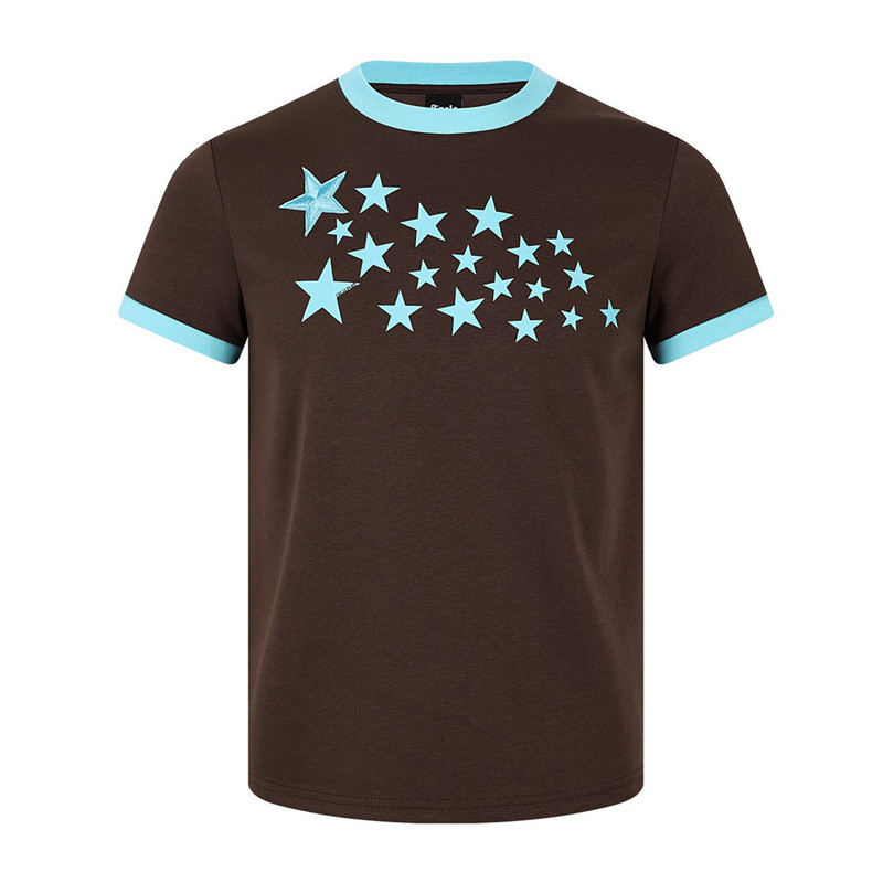 Ins Hip-Hop Casual High-Street Style Color-Blocking Round-Neck Loose Five-Pointed Star Design Printed Short-Sleeve T-Shirt for Men