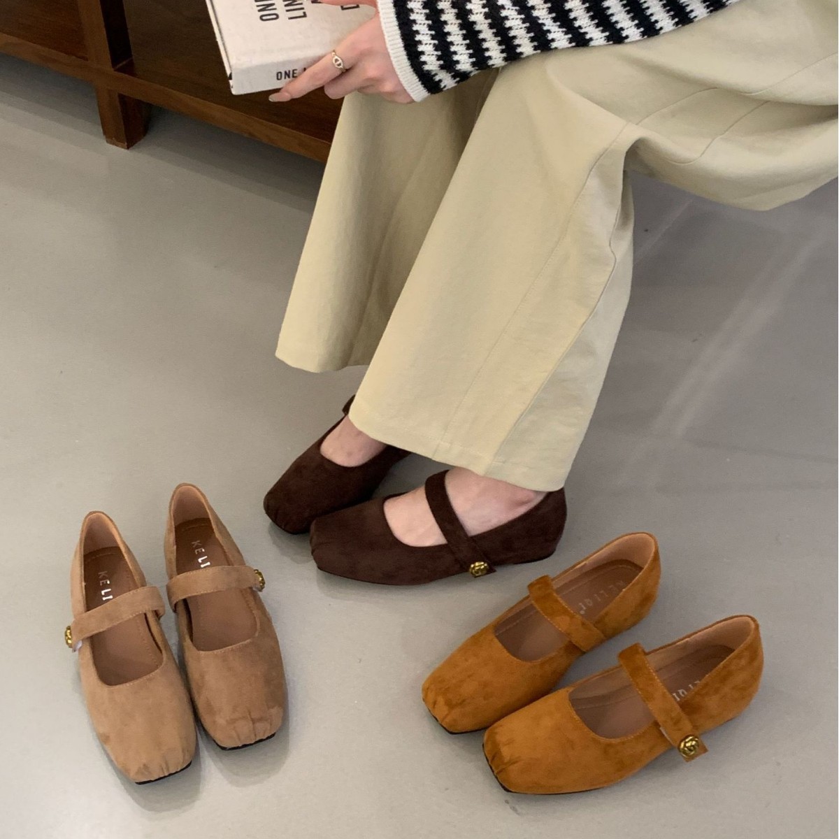 法式气质绒面玛丽珍鞋2025新款韩版晚风方头浅口单鞋女平底奶奶鞋