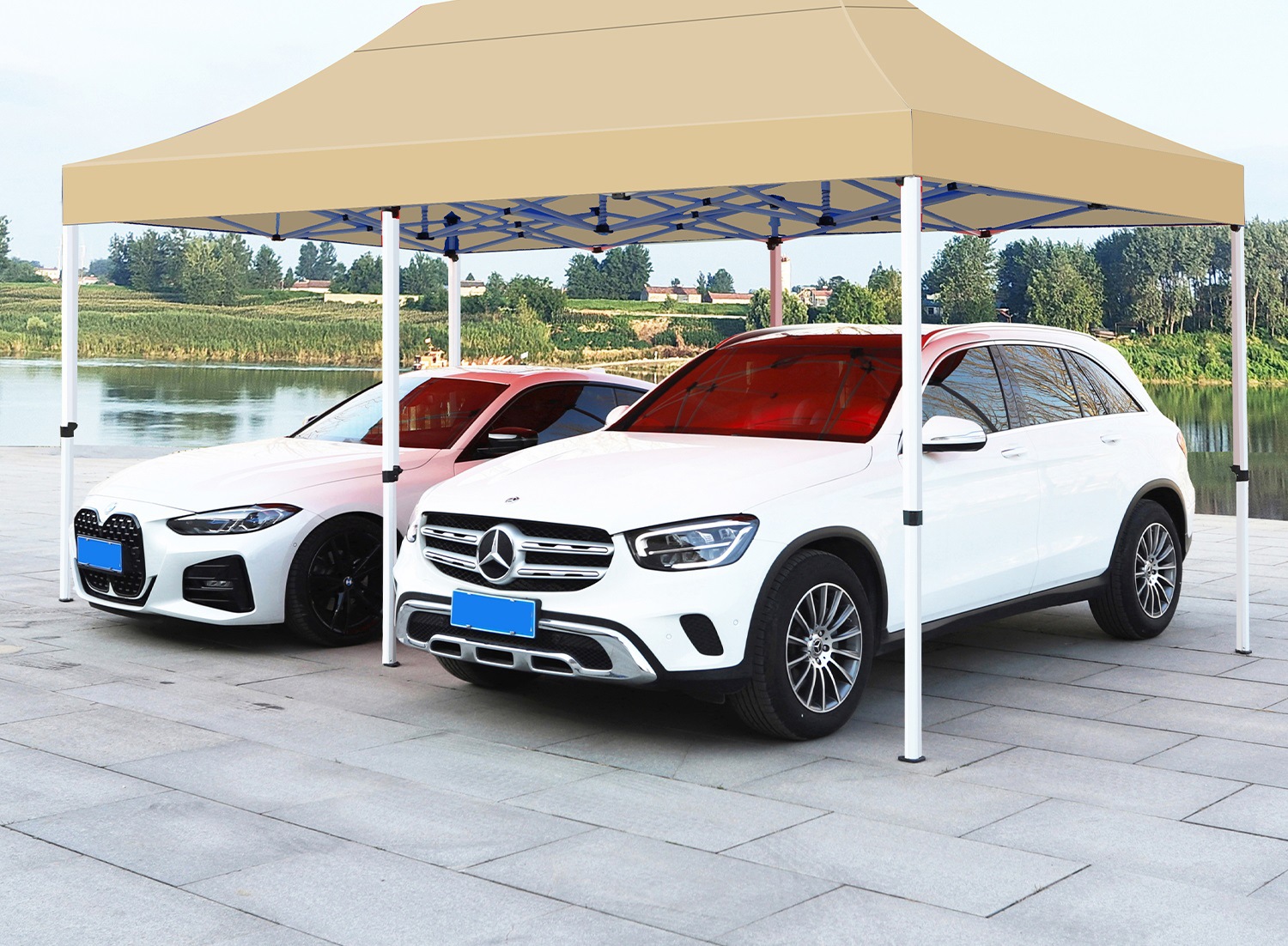 Four-Legged Rainproof Tent, Four-Corner Foldableing Awning, Outdoor Sun Umbrella, Retractable Transparent Canopy for Stall Use