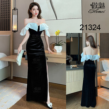 时尚名媛高级礼服裙子气质黑色长裙2024新款聚会年会丝绒连衣裙女