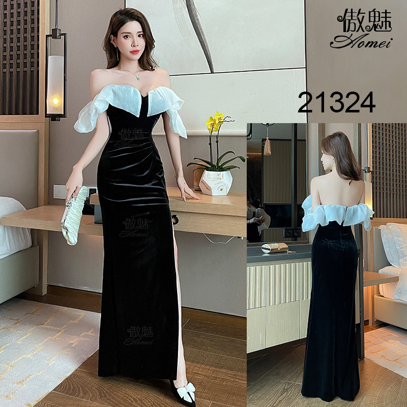 时尚名媛高级礼服裙子气质黑色长裙2024新款聚会年会丝绒连衣裙女