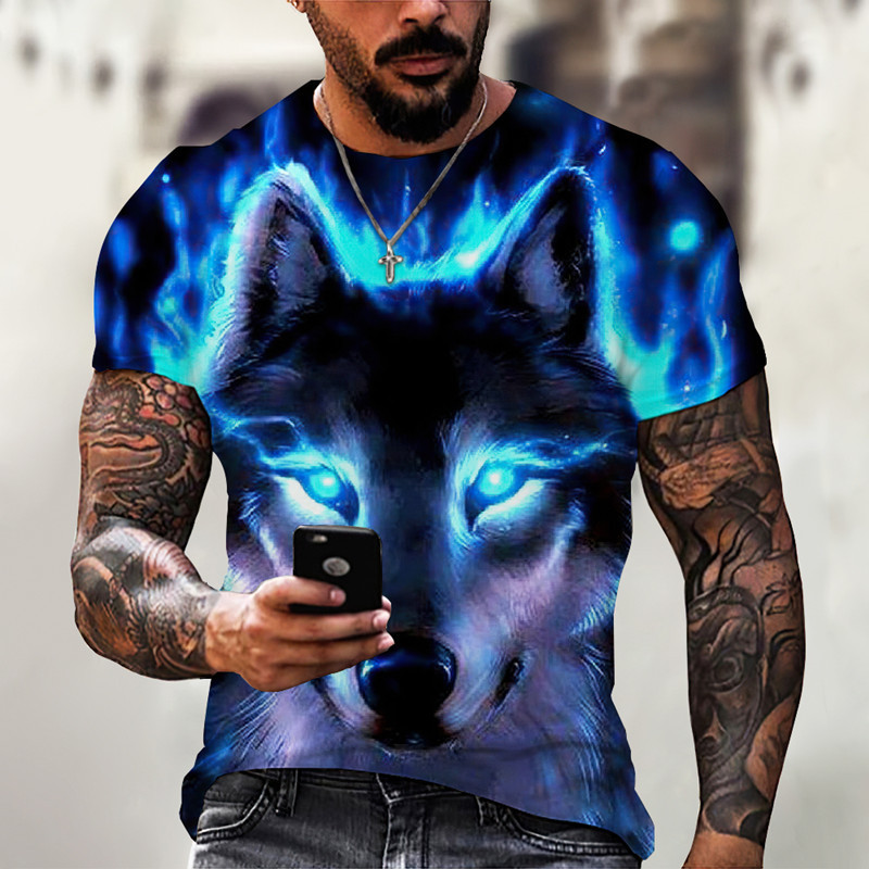 2025 New Aliexpress Wish Cross-Border Export 3D Digital Printing Wolf Short-Sleeved Casual Loose T-Shirt Tops for Men