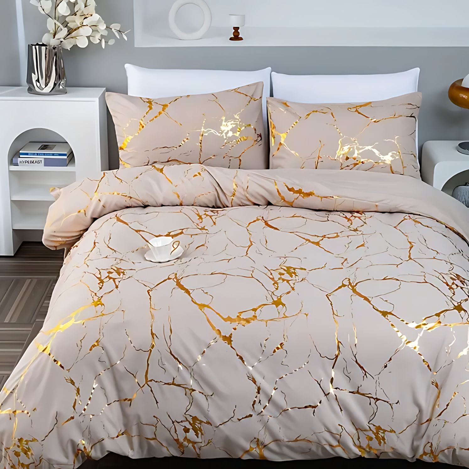 TEMU / JIT estilo transfronterizo clásico texturas de lámina de oro impresión digital 3D colcha suave funda de almohada kit