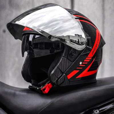 AD electric motorcycle helmet for men – Motosiklet kaskı (dəbilqə) - red-ray-silver-plated-mirror-free-hd-mirror-l58-59-head-circumference