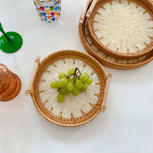 Shell-woven double-ear rattan fruit round tea tray basket woven breakfast basket bread basket pastry basket