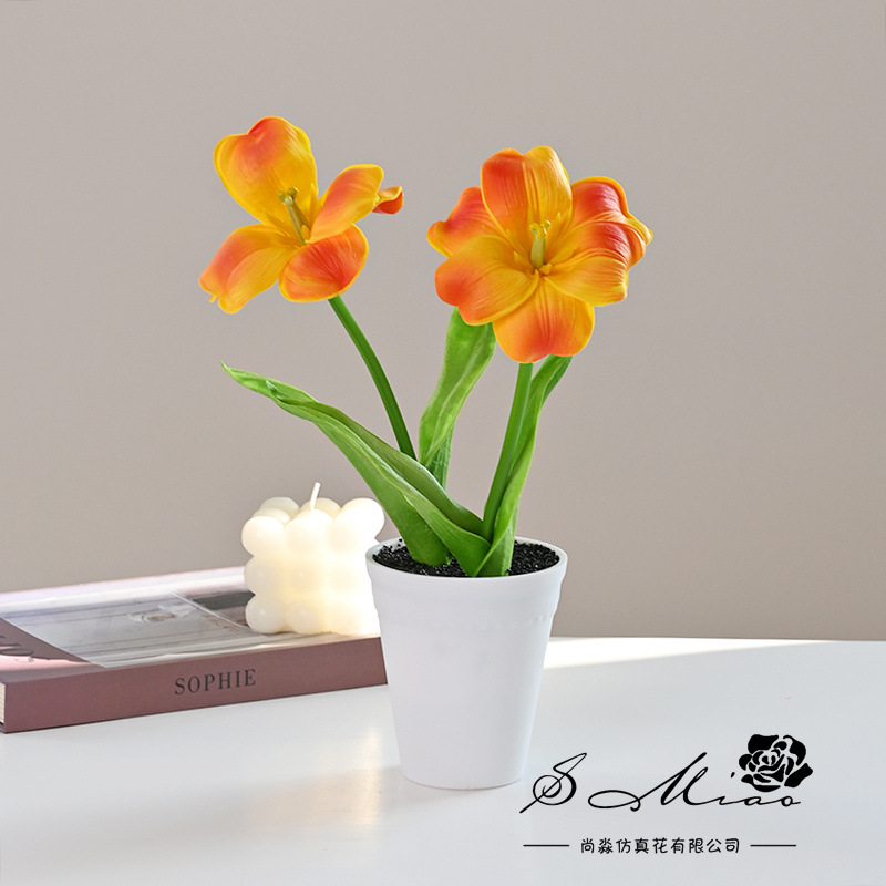 Simulación de flores dos extremos de tulipas PU bonsai decoración creativa fábrica de decoración directa para plantas verdes artificiales falsas macetas de simulación image 5