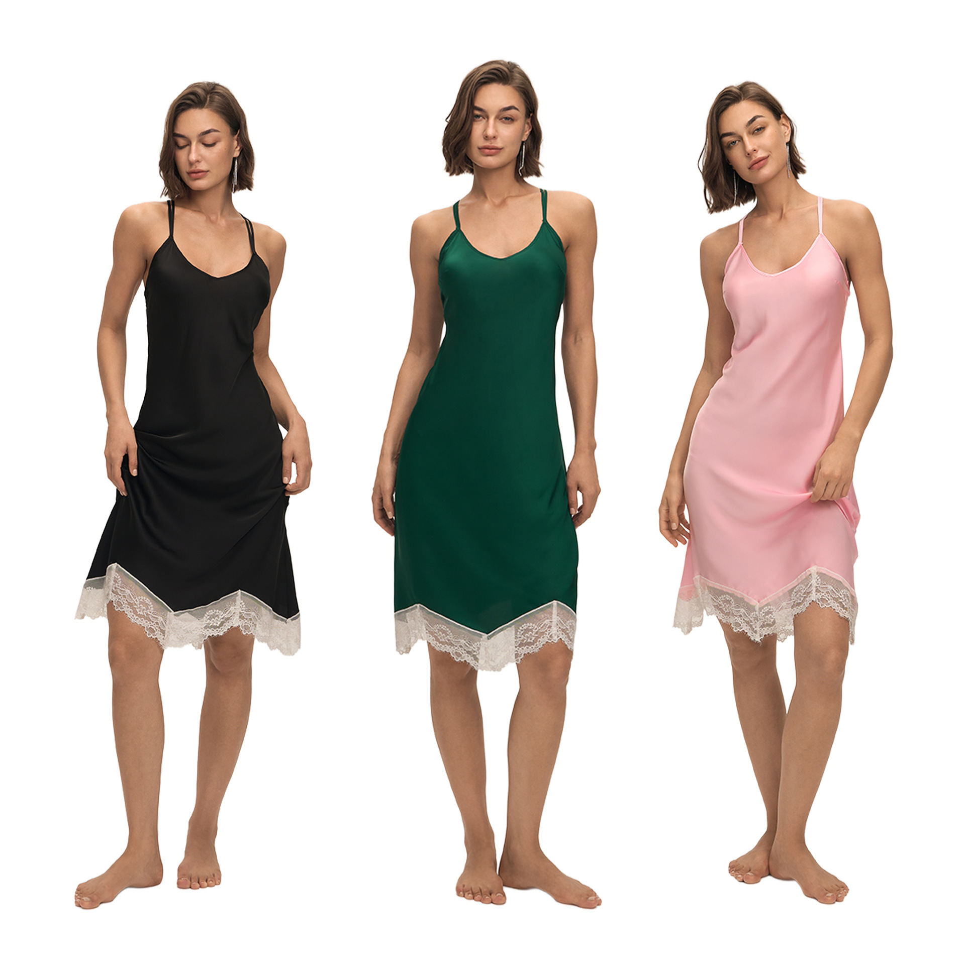 Nuevo satén sólido, encaje blanco, ropa casera larga, ropa de cama sexy, cinturón, pijama DQ3917