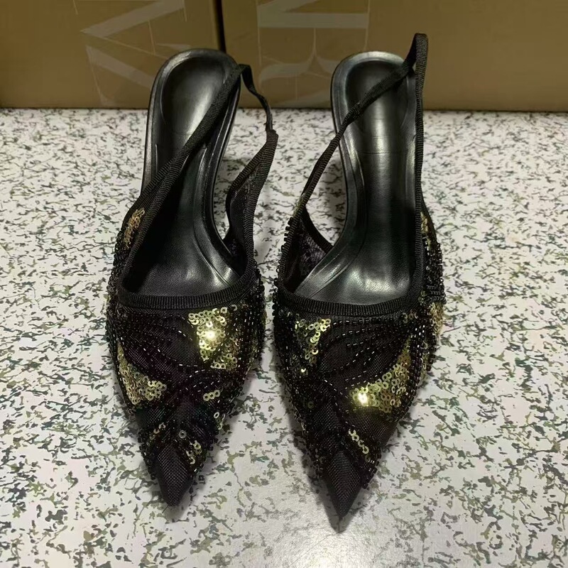 Za2025 New Summer Women's Shoes Black Sequined Beaded Back Strap Elegant Stiletto Heels Pointed Toe Toe Za2025 New Summer Women's Shoes Black Sequined Beaded Back Strap Elegant Stiletto Heels Pointed Toe Toe