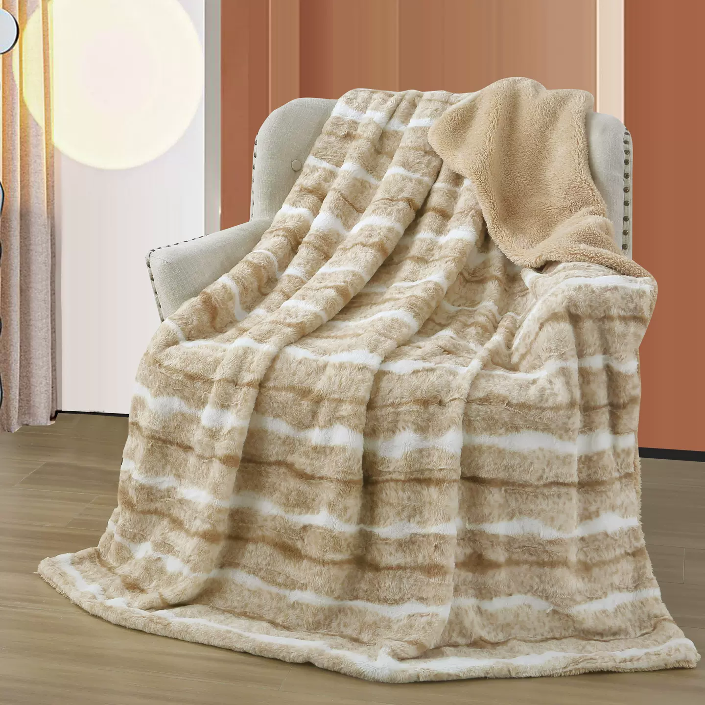2025新款外贸兔毛竖条纹卡其色配色羊羔绒双层毯沙发毯