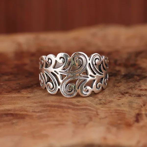 Classic S925 sterling silver ring vintage old fashion personality hollow pattern wide atmospheric index finger ring