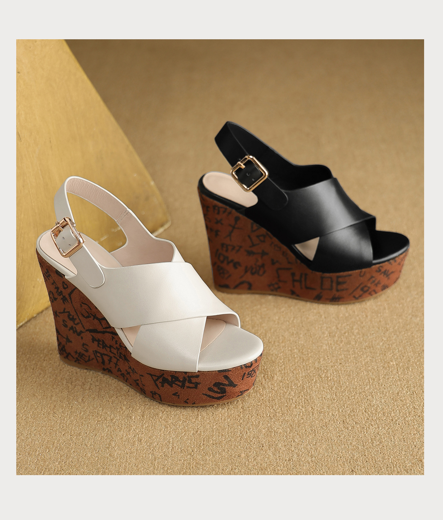 Sandal cao gót nữ mũi hở quai chéo đế xuồng platform gót 9 cm — màu đen, màu trắng ngà chi tiết 16