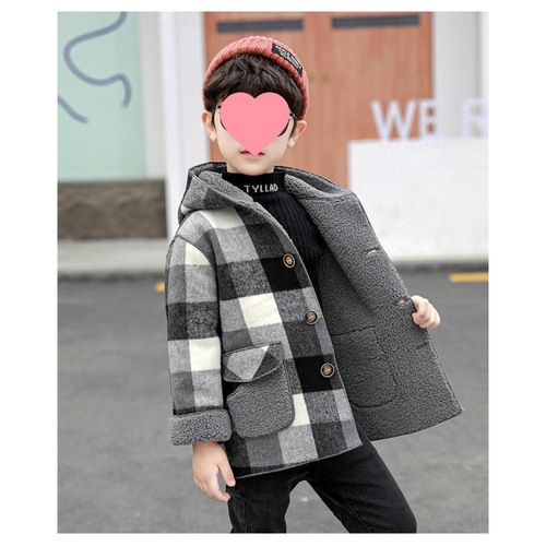 Boys' Checkered Wool Coat  Autumn/Winter New Trendy Medium and Small Children Baby Fleece Mink Jacket Fashion
